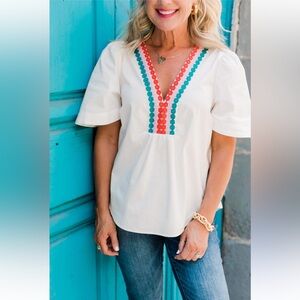 Gibsonlook Cabana Colorful Trimmed V-Nec Cotton Top/Blouse